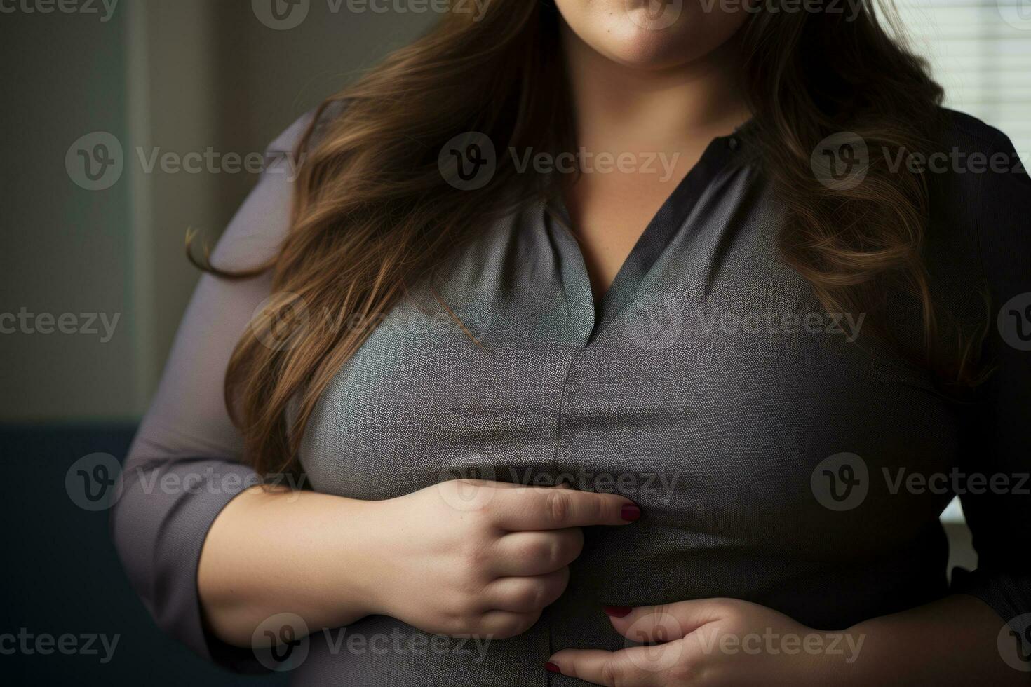a woman is holding her stomach while standing in front of a window generative ai photo