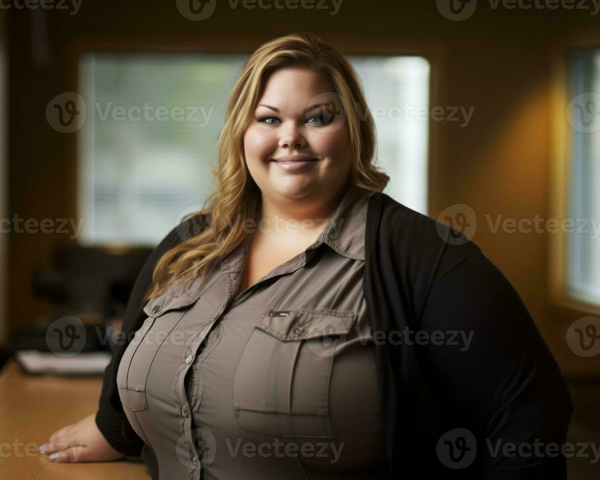a woman posing for a photo in an office generative ai