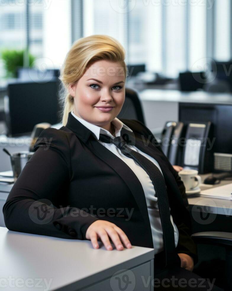 a woman sitting at a desk in an office generative ai photo