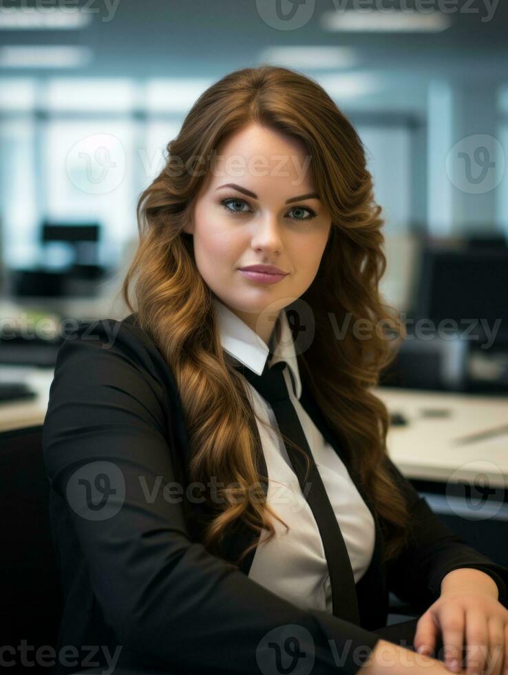 a woman sitting at a desk in an office generative ai photo