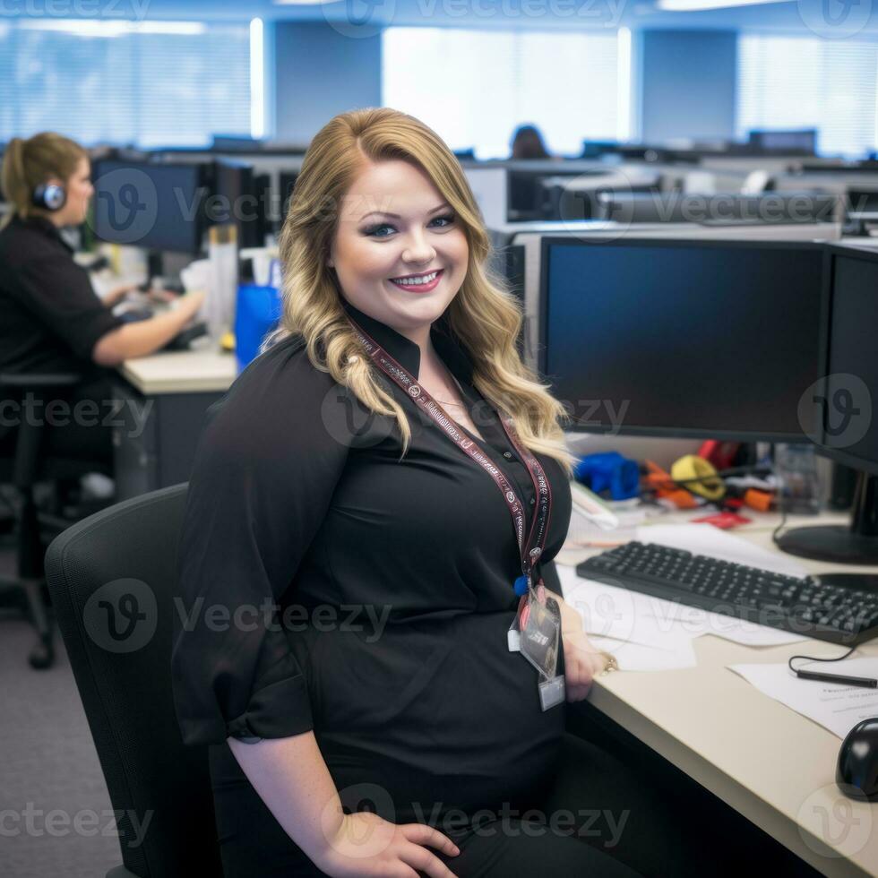 a woman sitting at a desk in an office generative ai photo