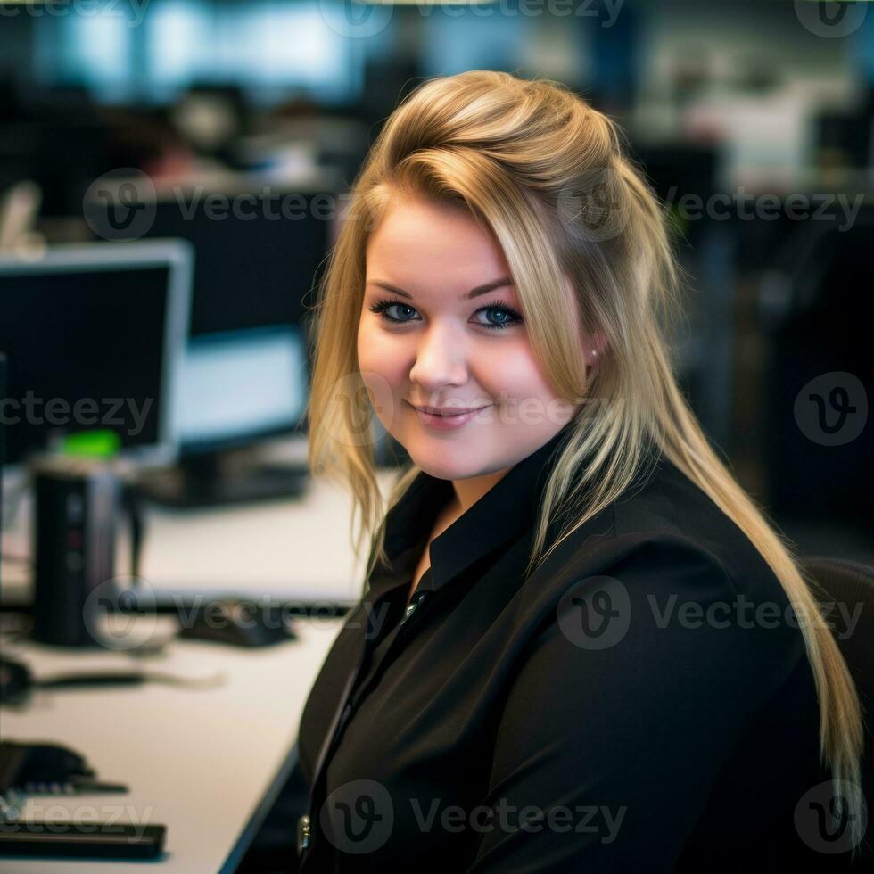 a woman sitting at a desk in an office generative ai photo