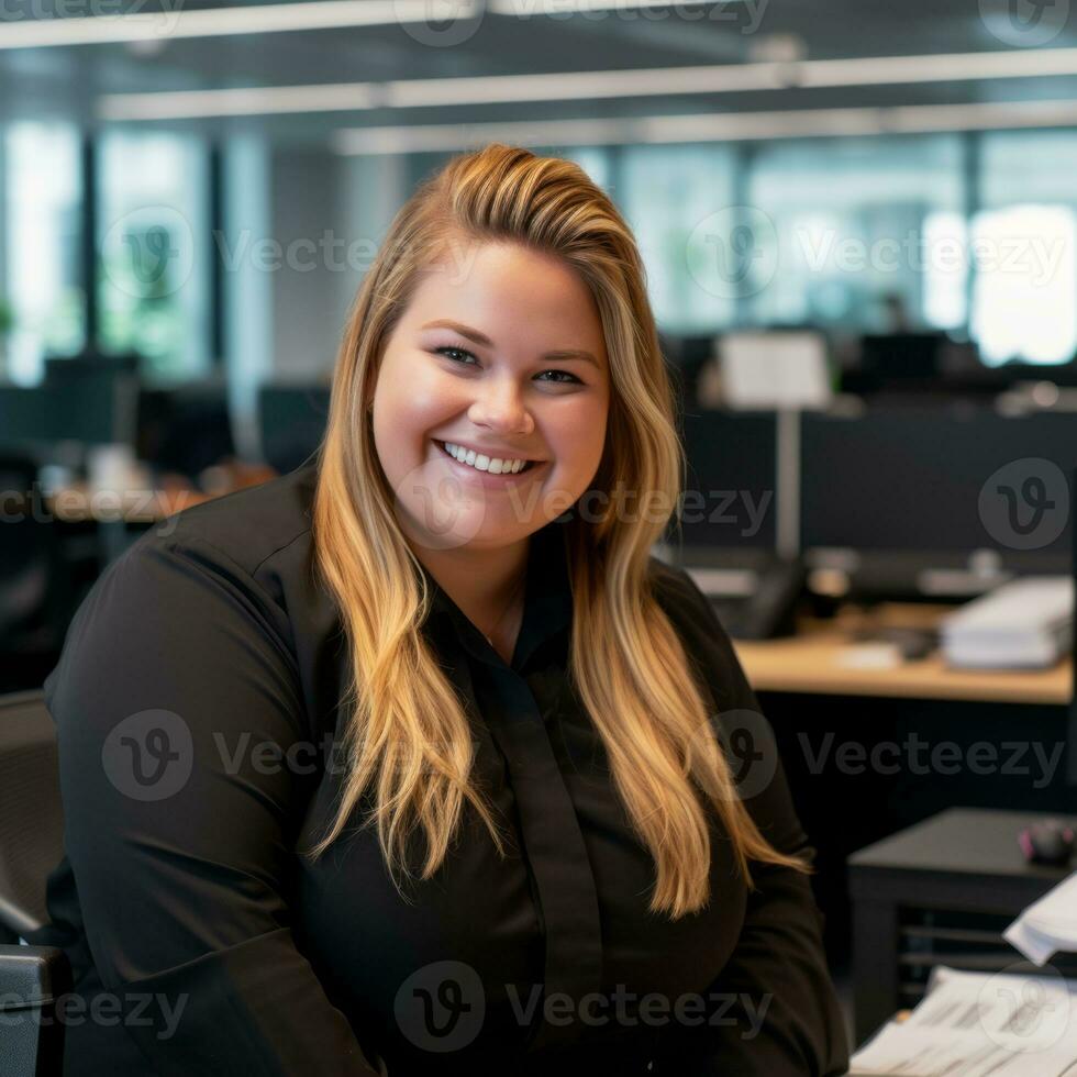 a woman sitting at a desk in an office generative ai photo