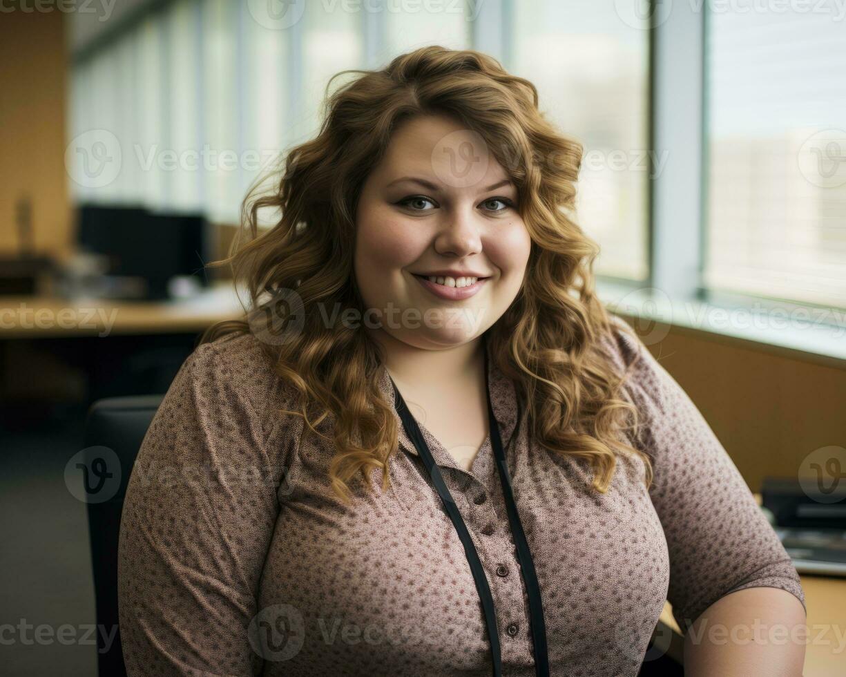a woman sitting at a desk in an office generative ai photo