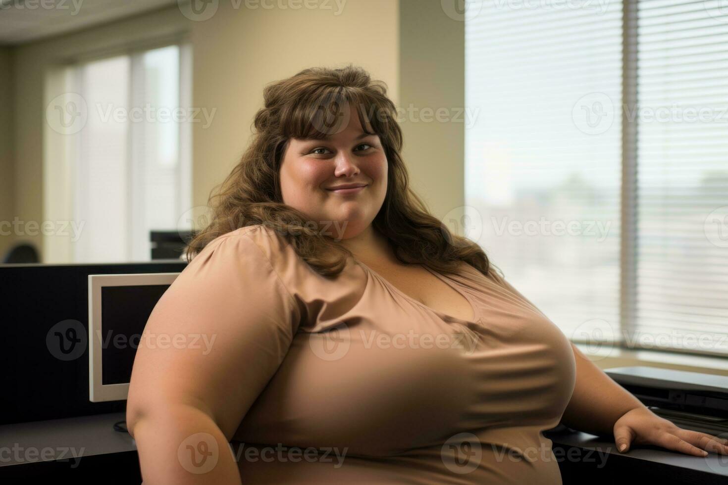 a woman sitting at a desk in an office generative ai photo