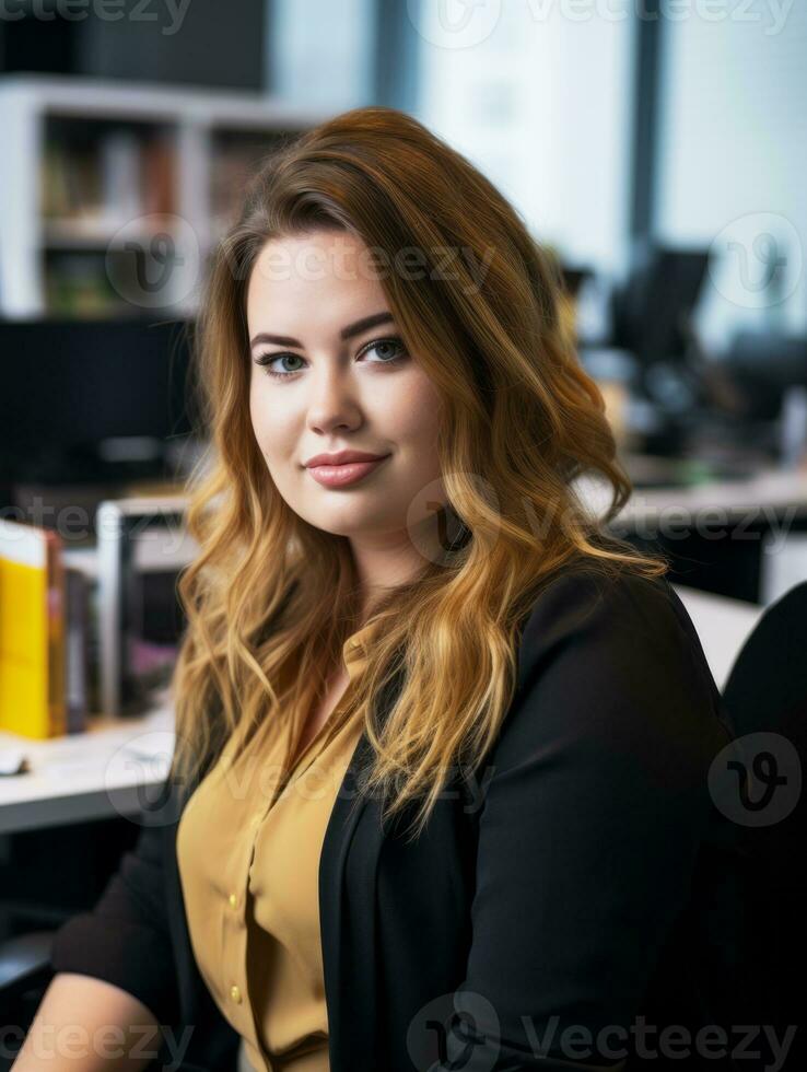 a woman sitting at a desk in an office generative ai photo
