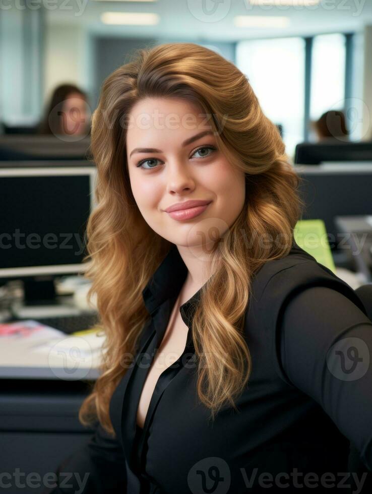 a woman sitting at a desk in an office generative ai photo