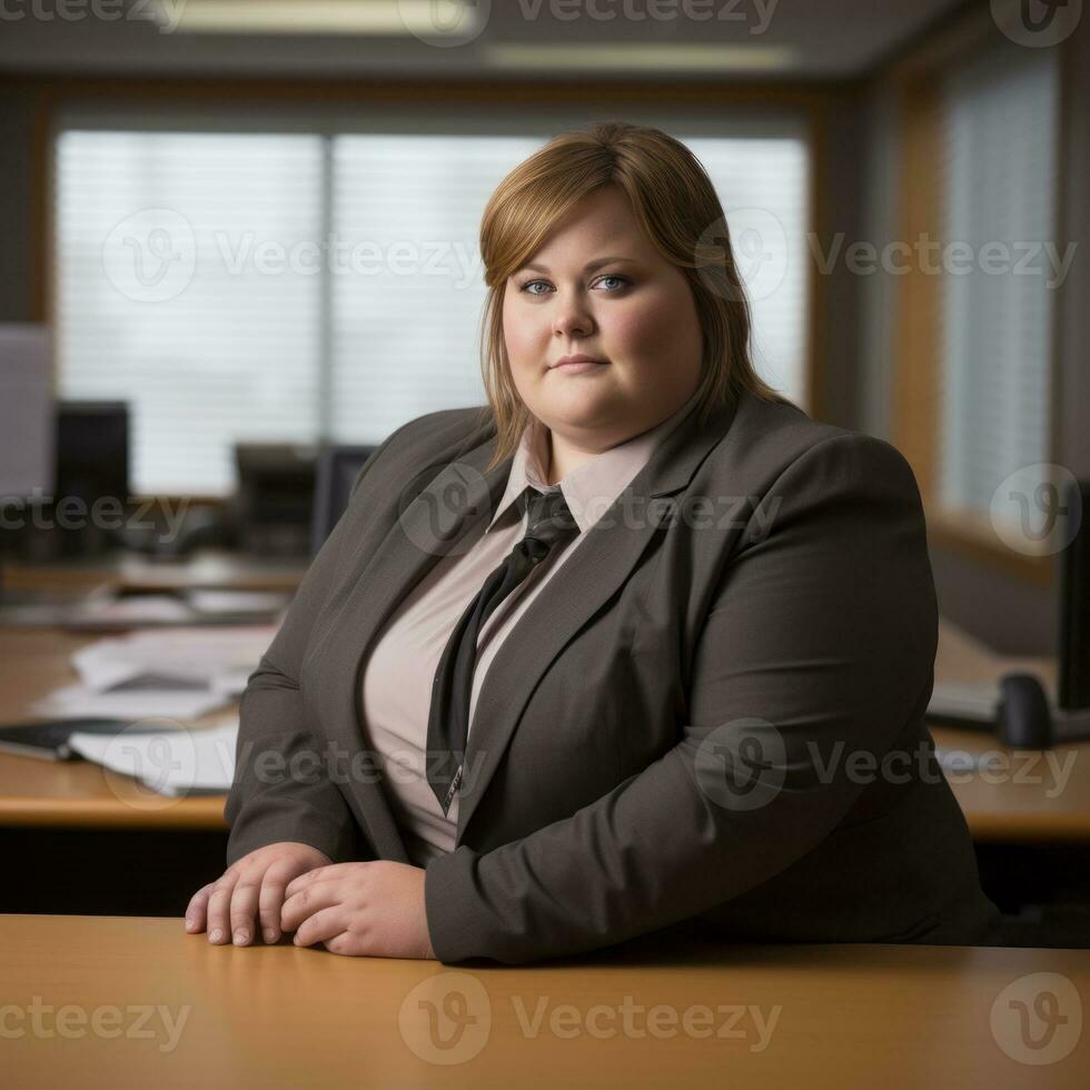 a woman sitting at a desk in an office generative ai photo
