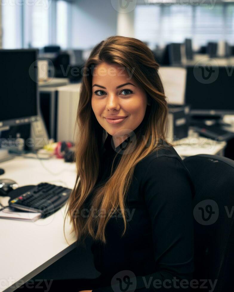 a woman sitting at a desk in an office generative ai photo