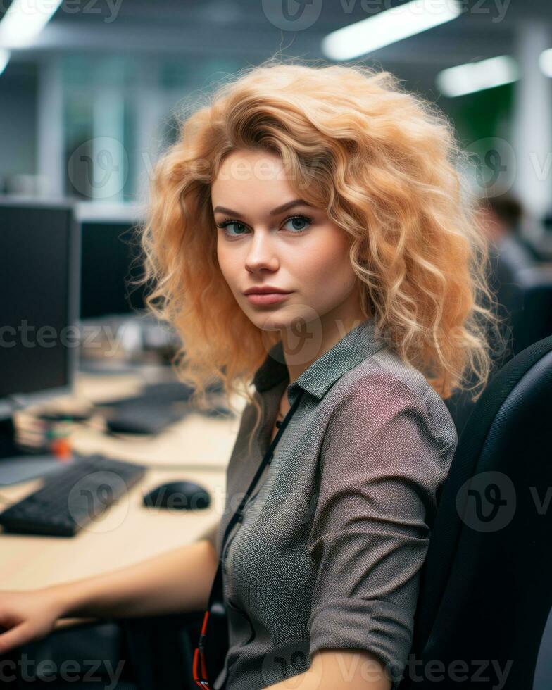 a woman sitting at a desk in an office generative ai photo