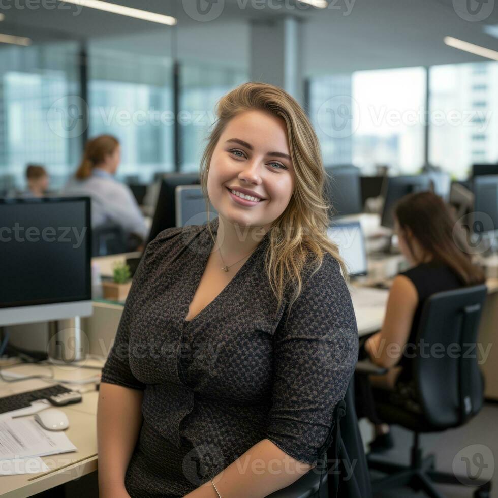 a woman sitting at a desk in an office generative ai photo