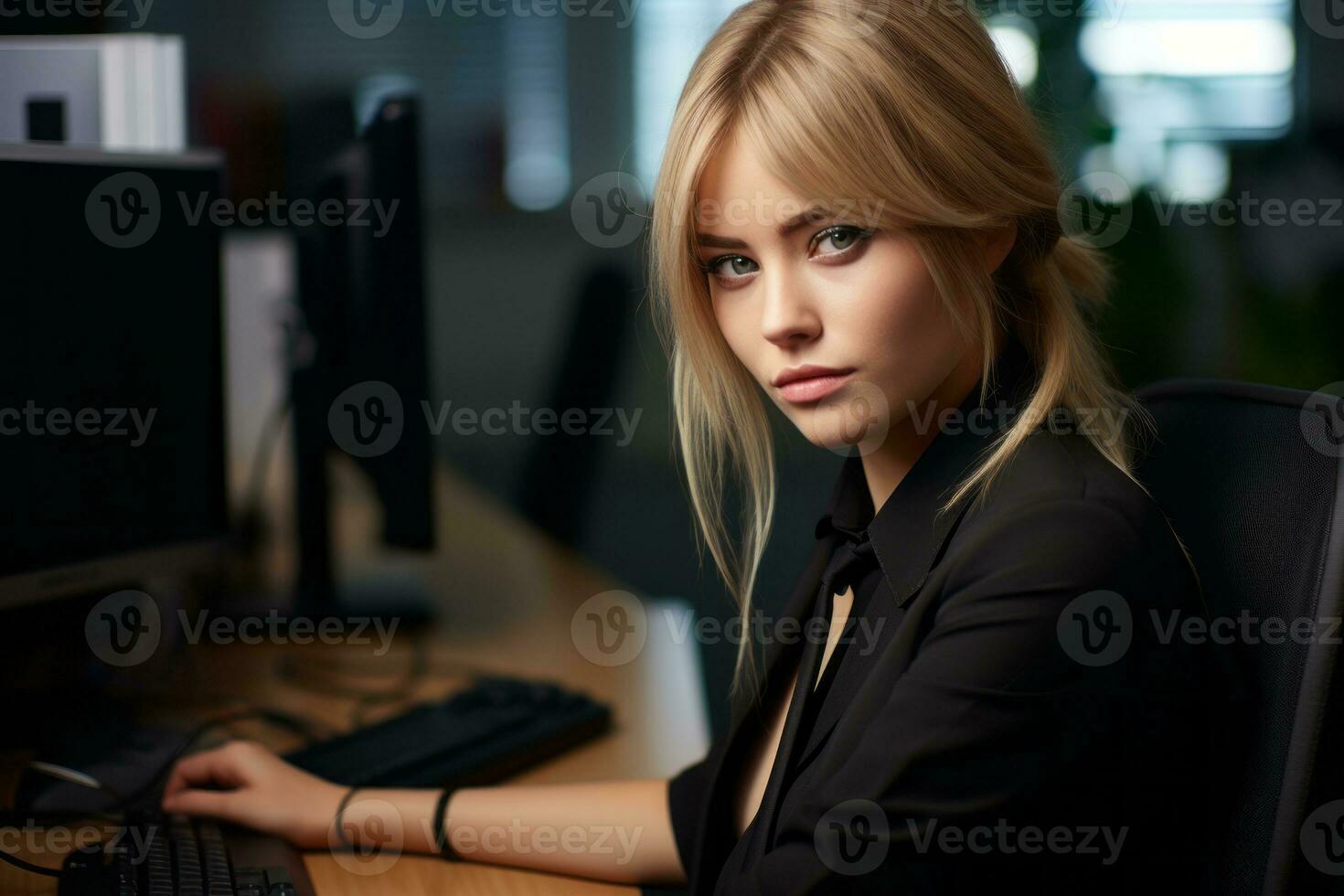 a woman sitting at a desk in front of a computer generative ai photo