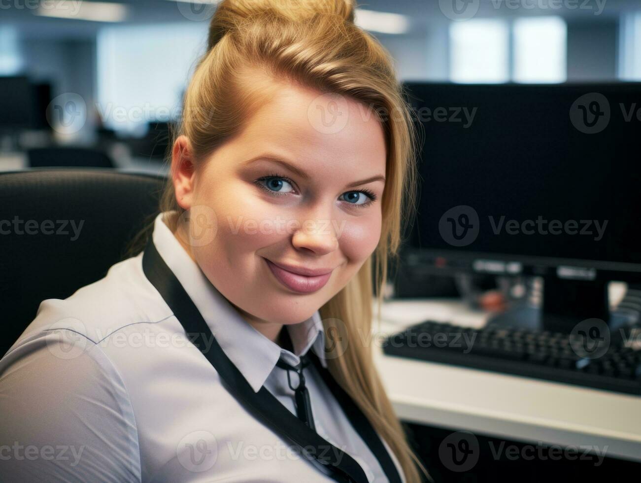 a woman sitting at a desk in front of a computer generative ai photo