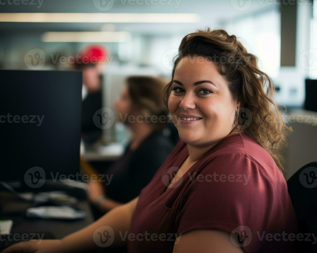 a woman sitting at a desk in front of a computer generative ai photo