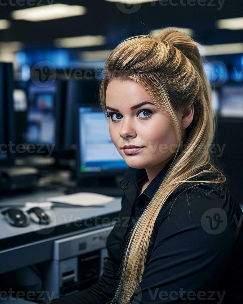 a woman sitting at a desk in front of computer monitors generative ai photo