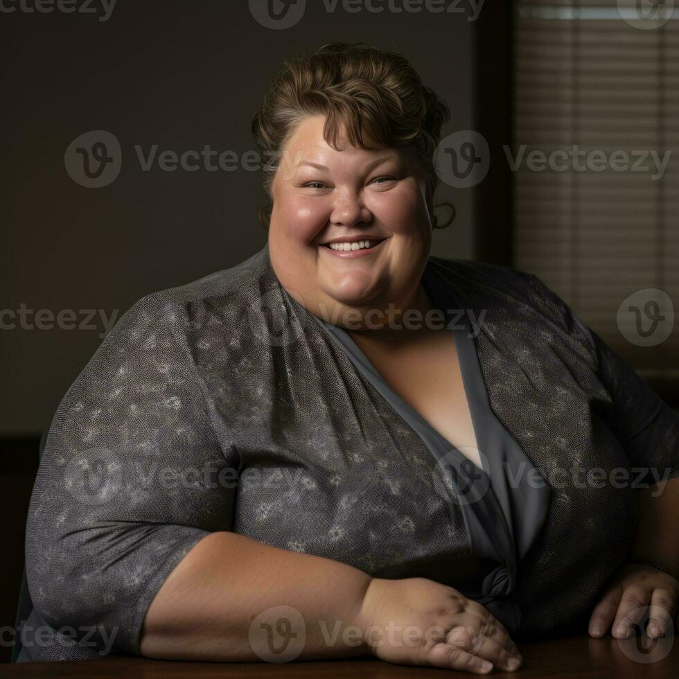 a woman sitting at a desk smiling at the camera generative ai photo
