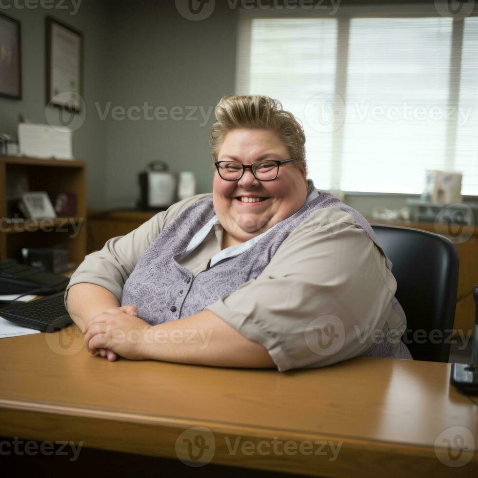 a woman sitting at a desk smiling at the camera generative ai photo