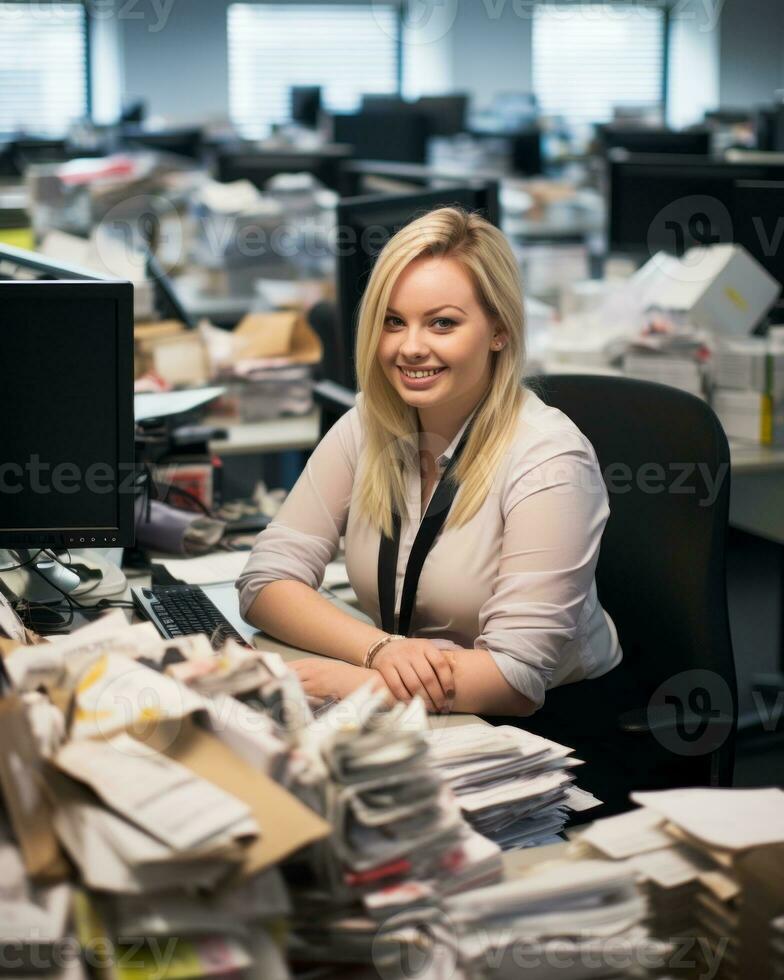 a woman sitting at a desk surrounded by piles of paperwork generative ai photo