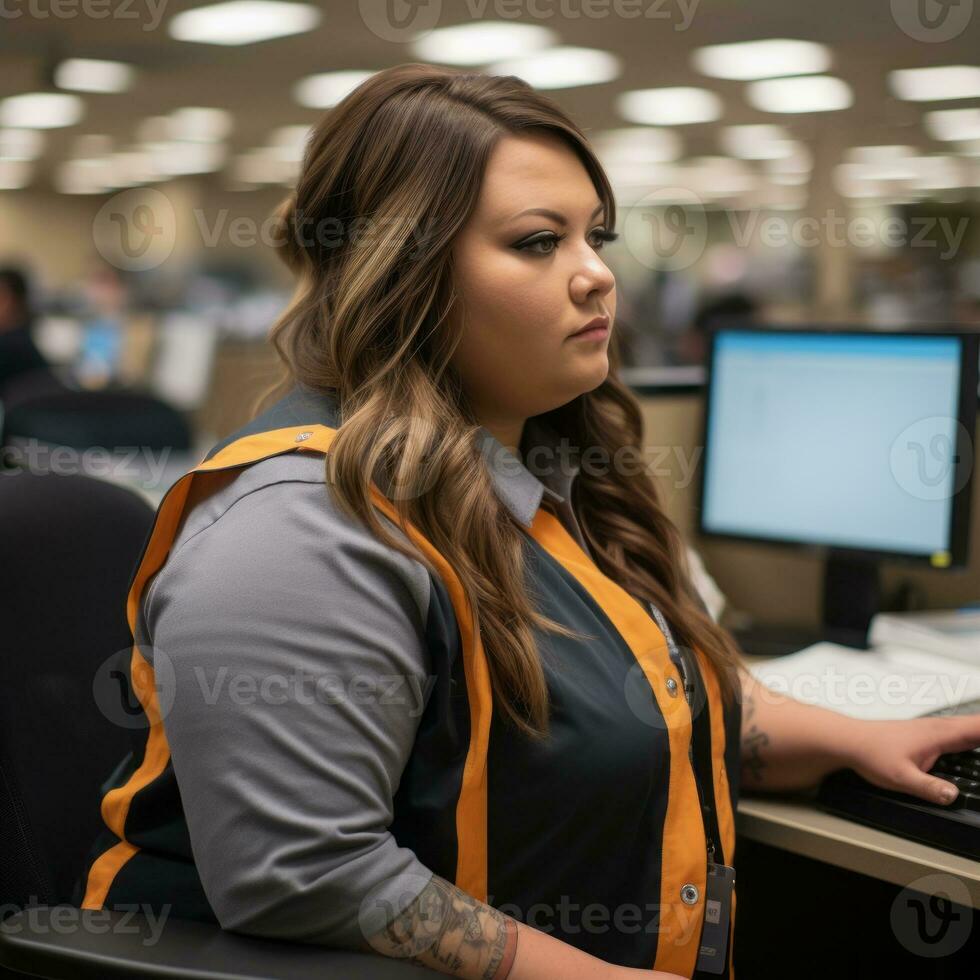 a woman sitting at a desk using a computer generative ai photo