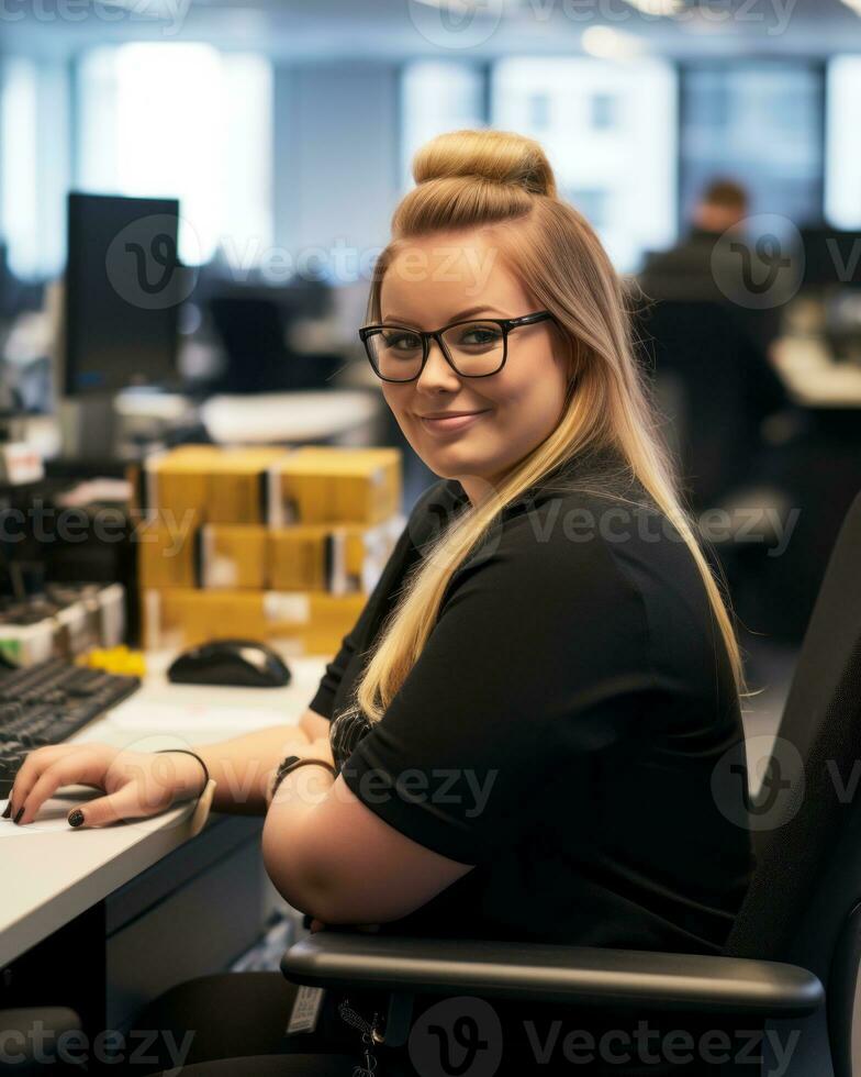 a woman sitting at a desk with a computer in front of her generative ai photo