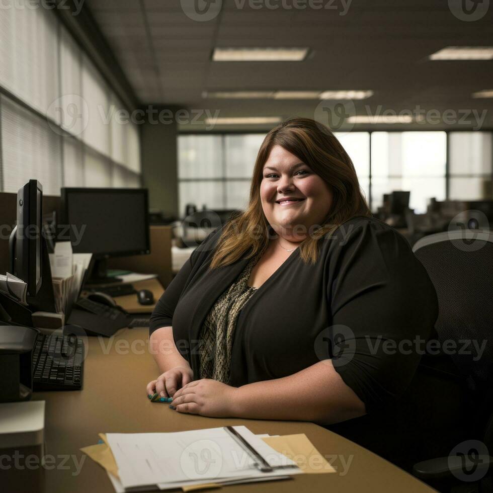 a woman sitting at a desk generative ai photo