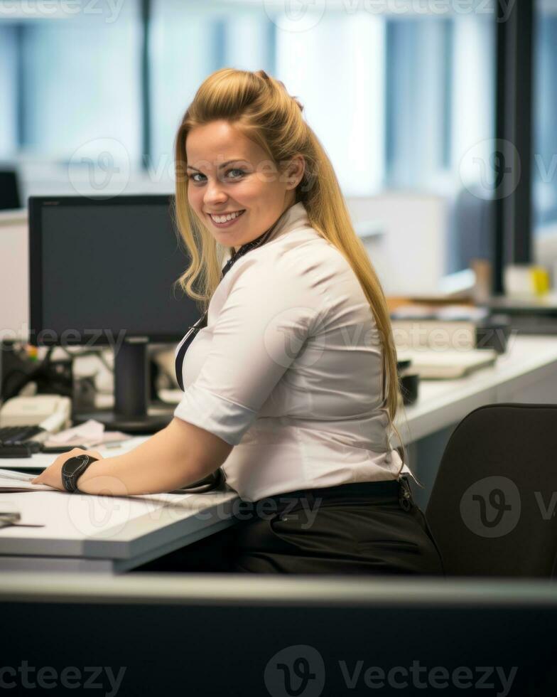 a woman sitting at a desk generative ai photo