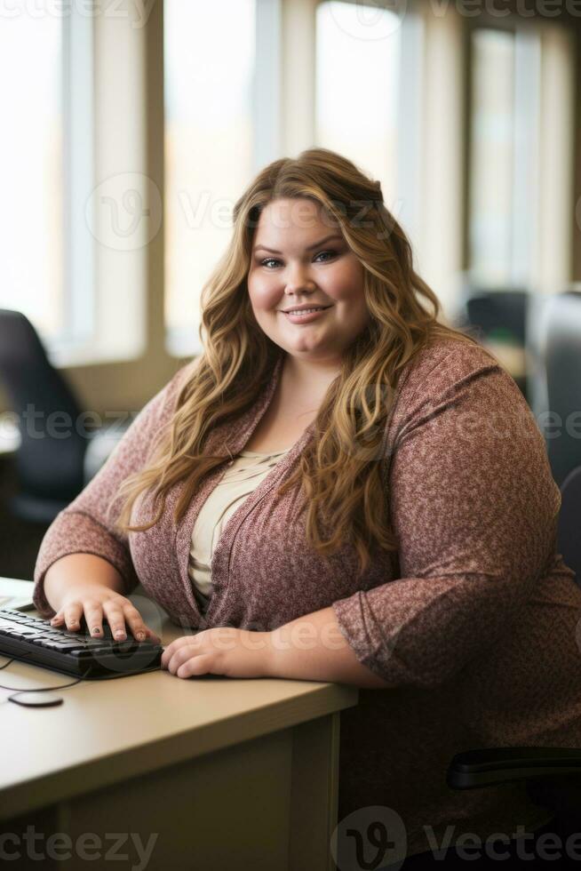 a woman sitting at a desk with a keyboard in front of her generative ai photo