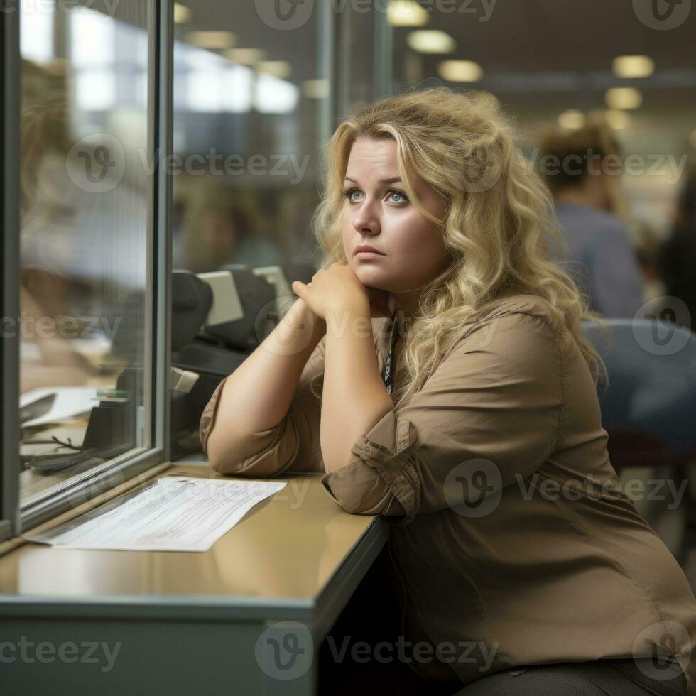 a woman sitting at a desk generative ai photo