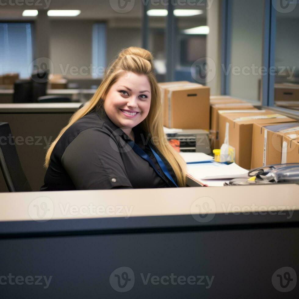 a woman sitting at a desk generative ai photo