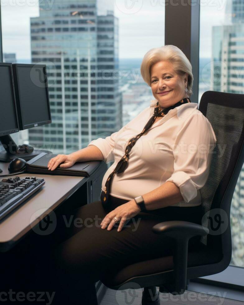 a woman sitting at a desk generative ai photo