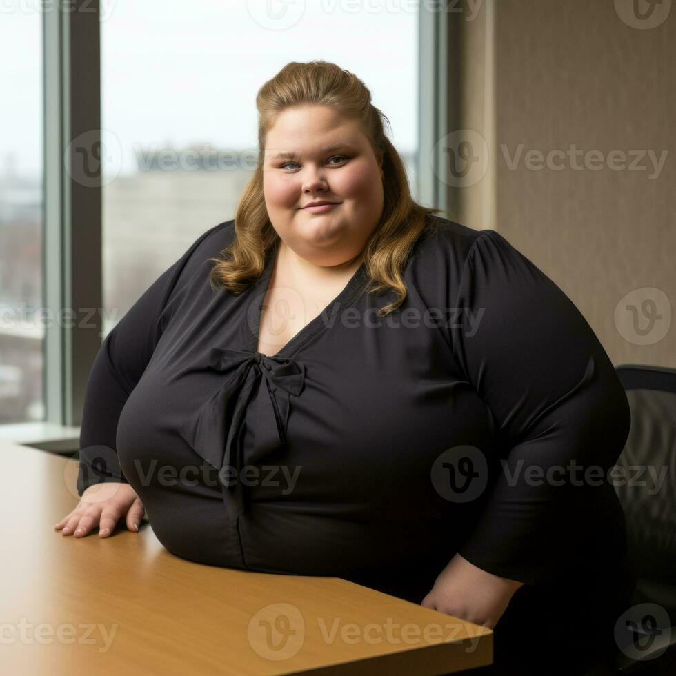a woman sitting at a desk generative ai photo