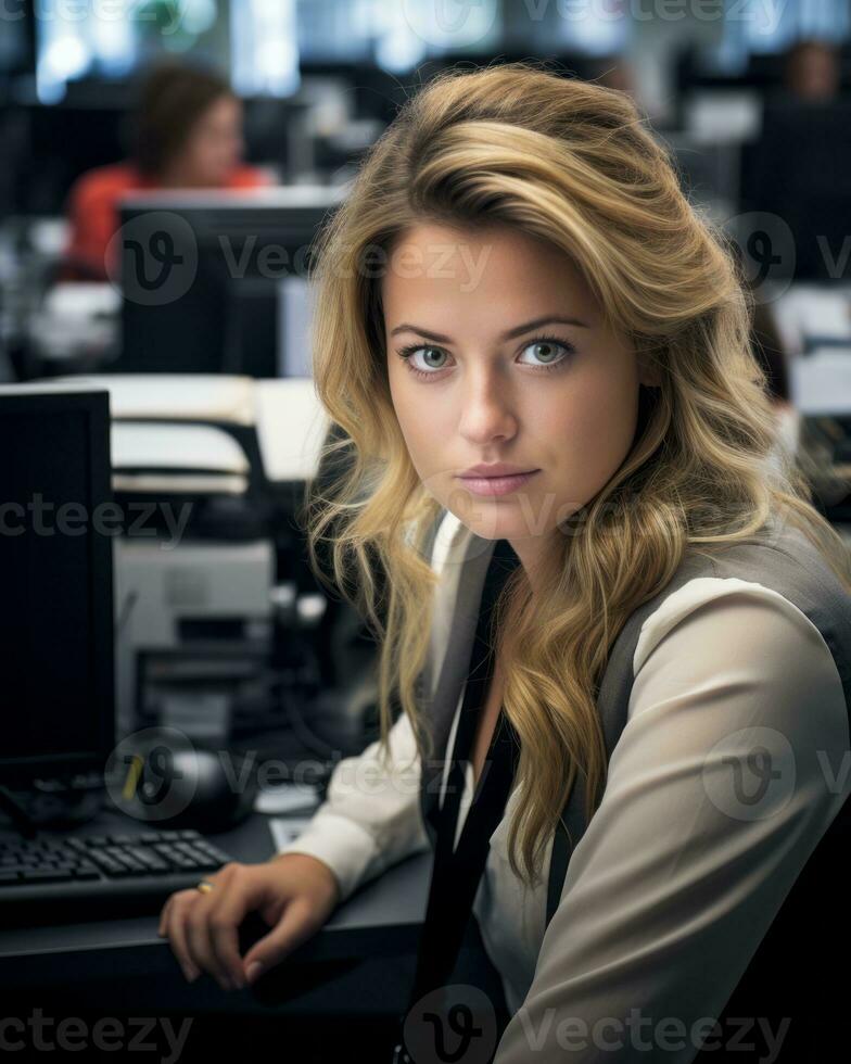 a woman sitting at a desk generative ai photo