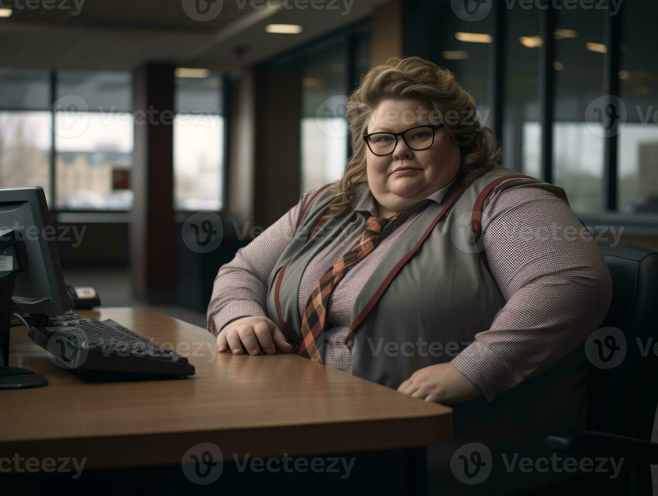 a woman sitting at a desk generative ai photo