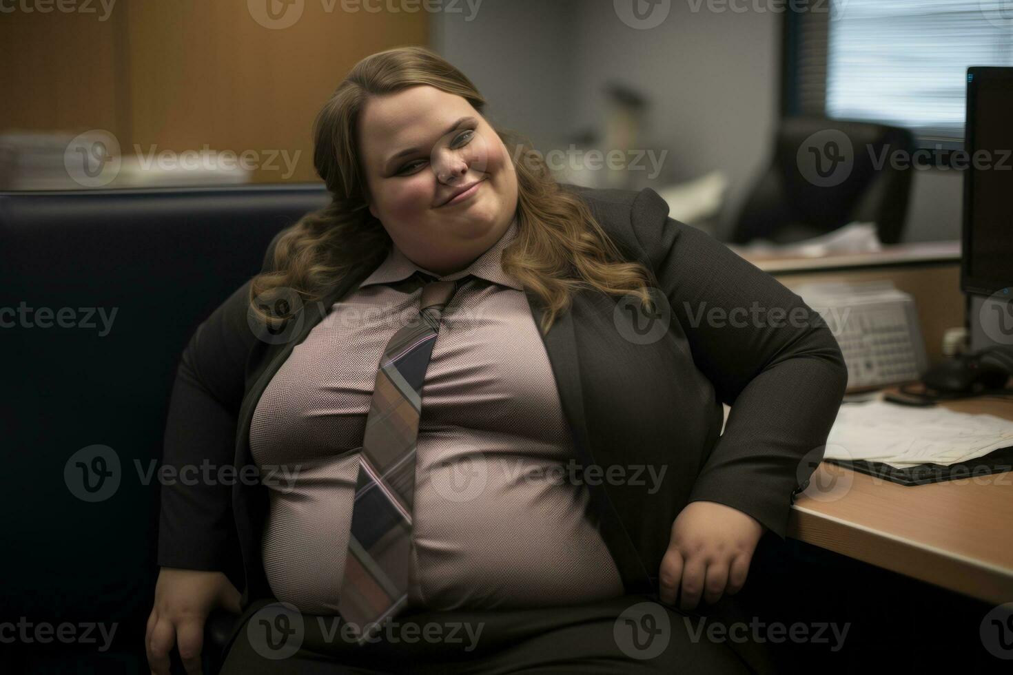 a woman sitting at a desk generative ai photo