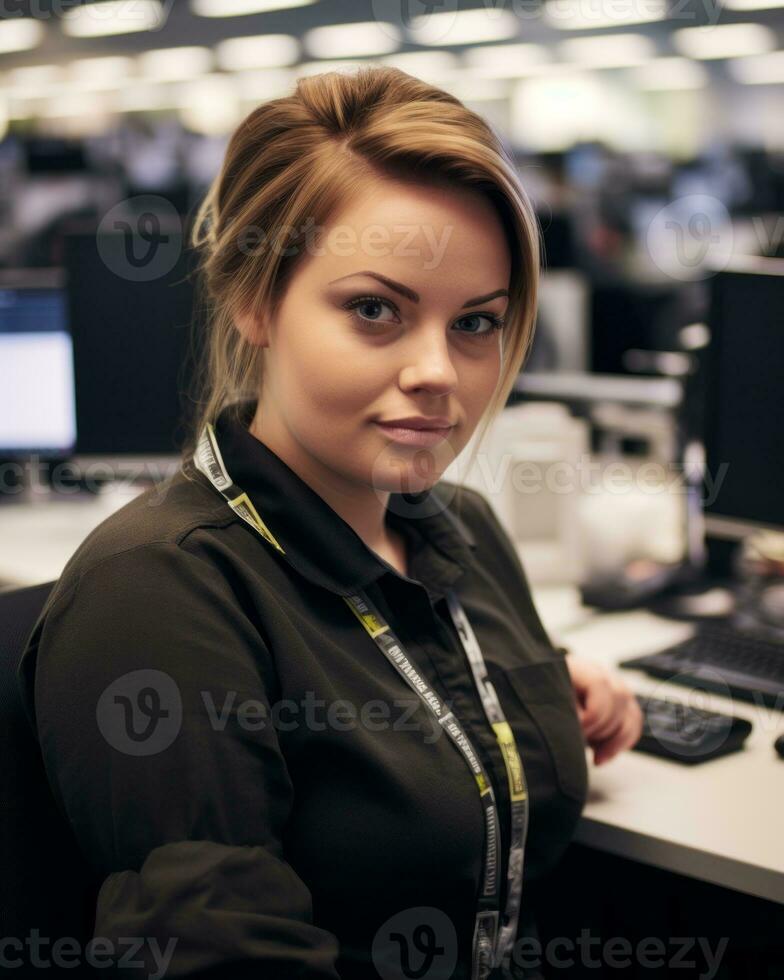 a woman sitting at a desk generative ai photo