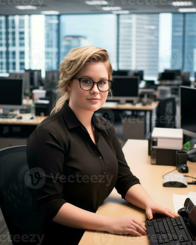 a woman sitting at a desk generative ai photo