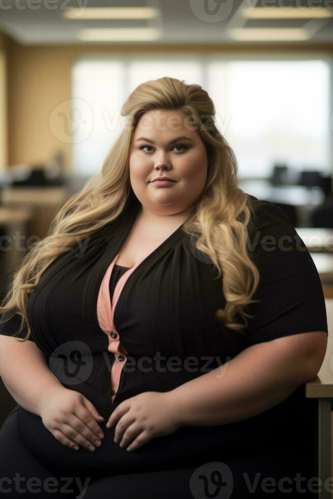 a woman sitting in an office with her hands on her hips generative ai photo