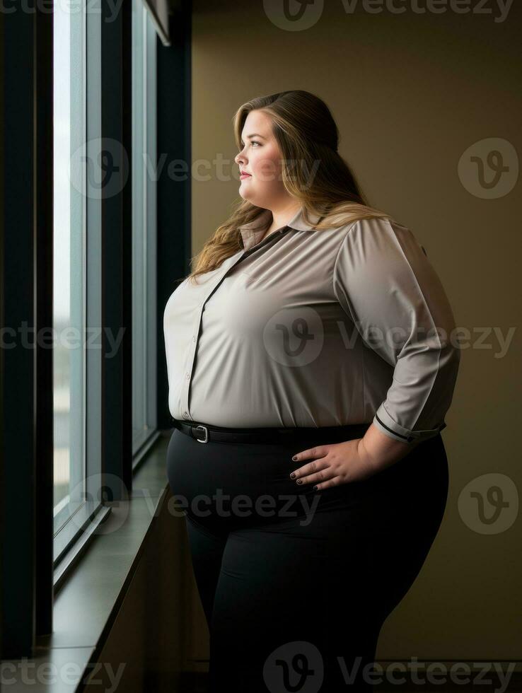 a woman with big boobs standing in front of a window generative ai 32096158  Stock Photo at Vecteezy