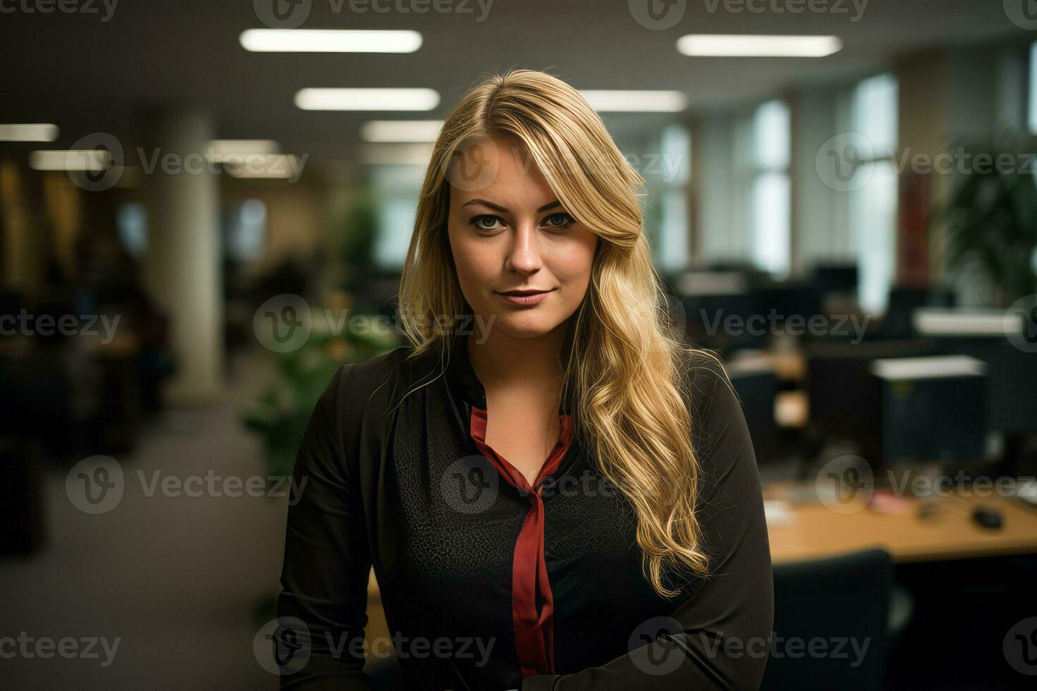 a woman standing in an office with her arms crossed generative ai photo