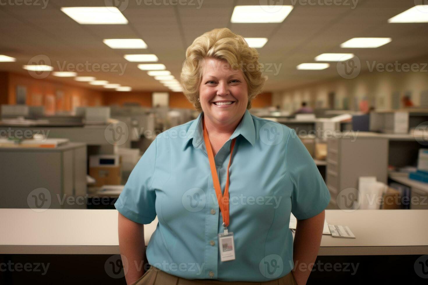 a woman standing in an office with cubicles in the background generative ai photo