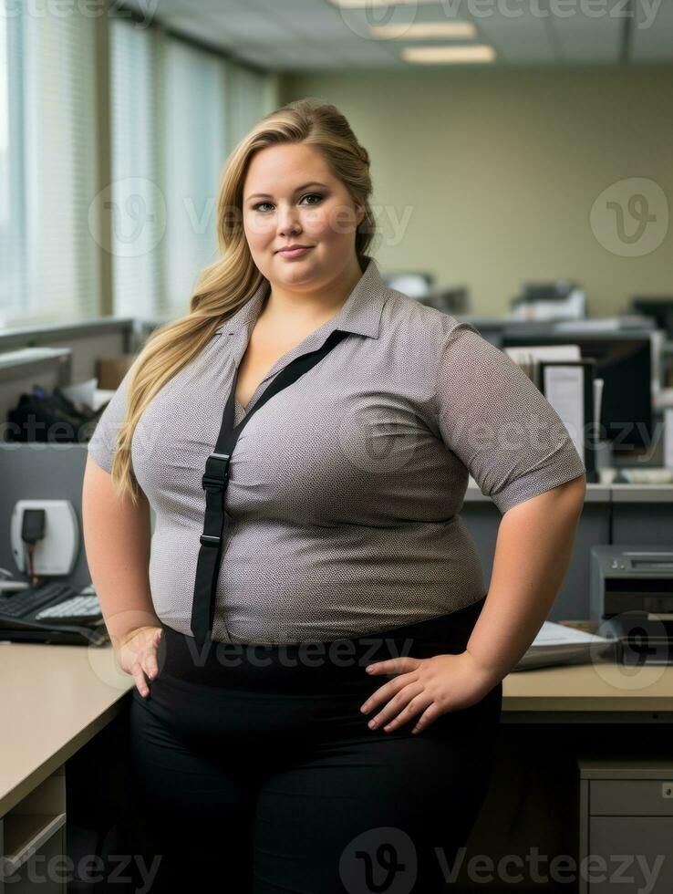 a woman standing in an office with her hands on her hips generative ai photo