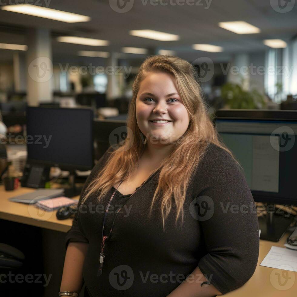a woman standing in front of a desk in an office generative ai photo