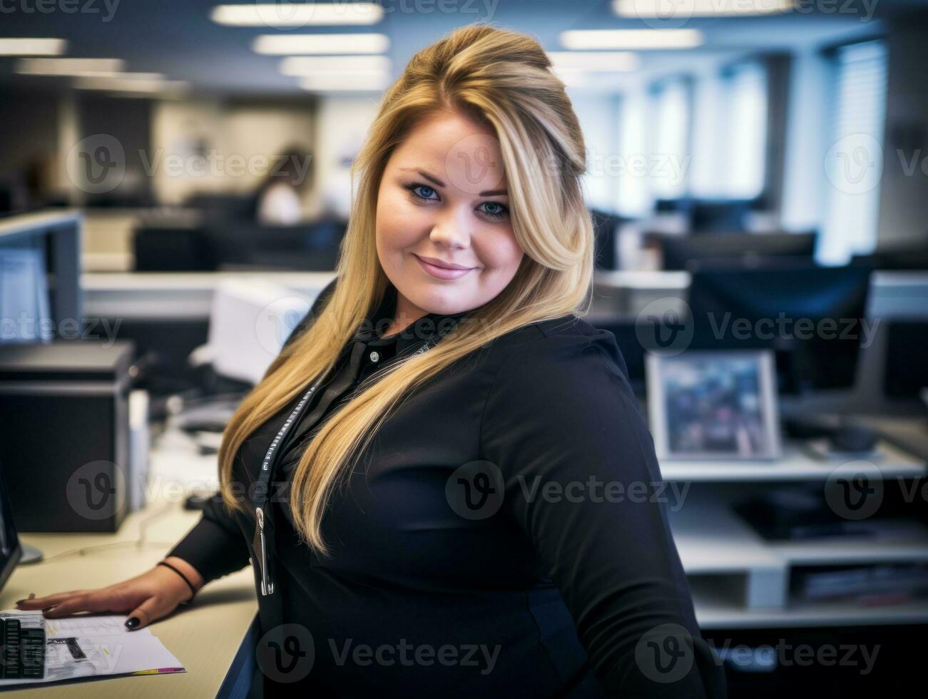 a woman standing in front of a desk in an office generative ai photo