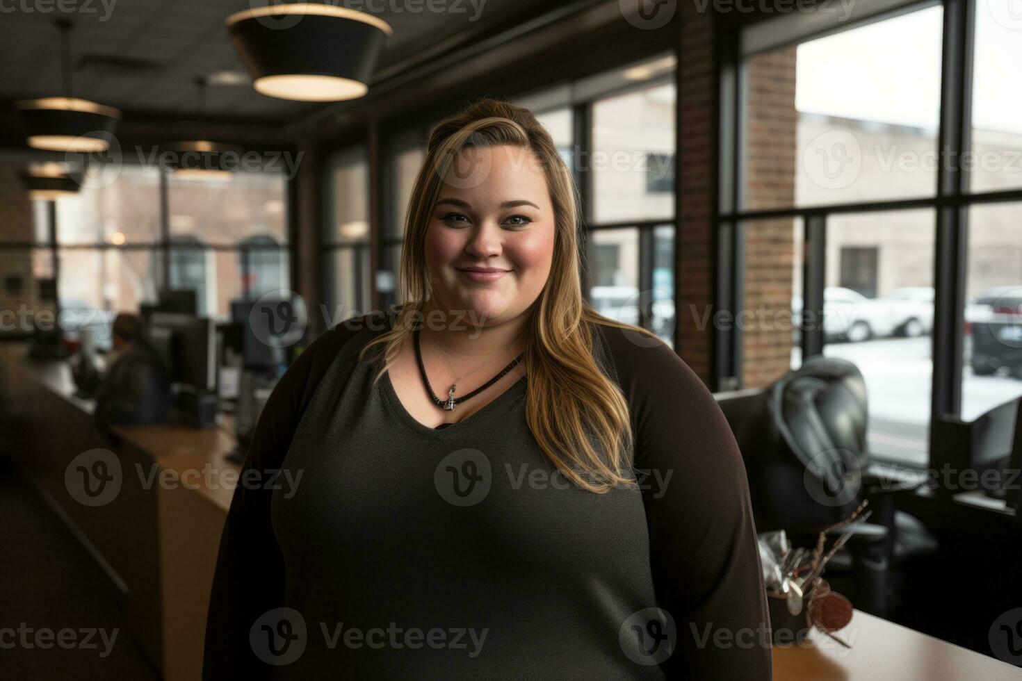 a woman standing in front of a desk in an office generative ai photo