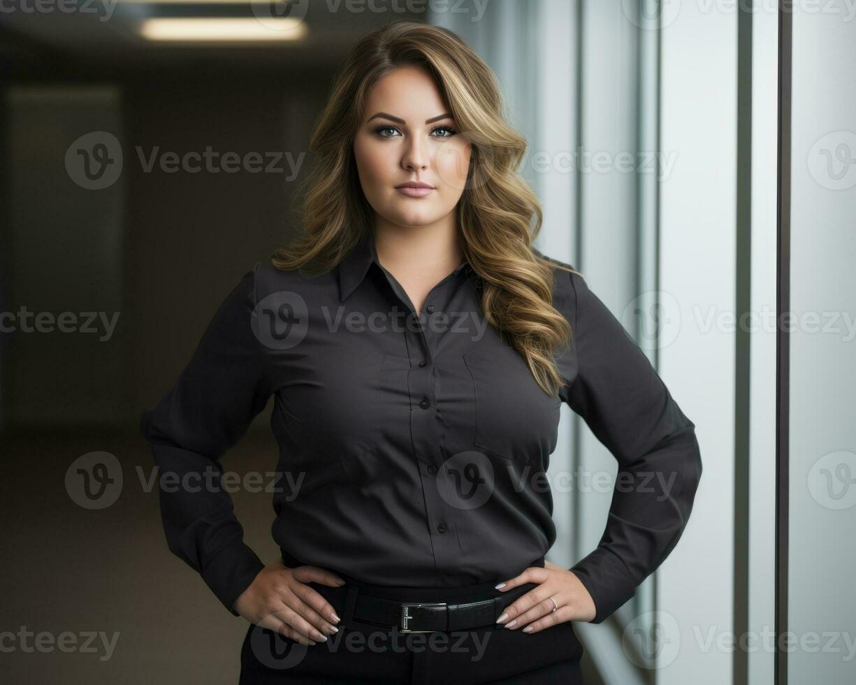 a woman wearing a black shirt and black pants generative ai photo