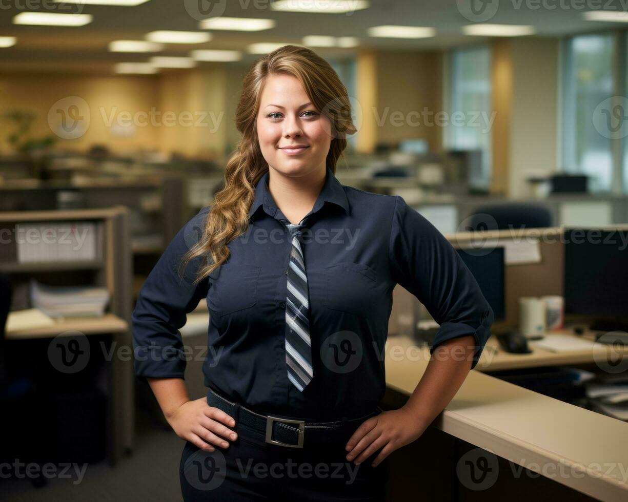 a woman wearing a blue shirt generative ai photo