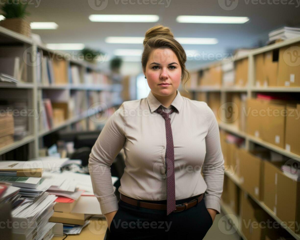 a woman wearing a tie standing in a library generative ai photo