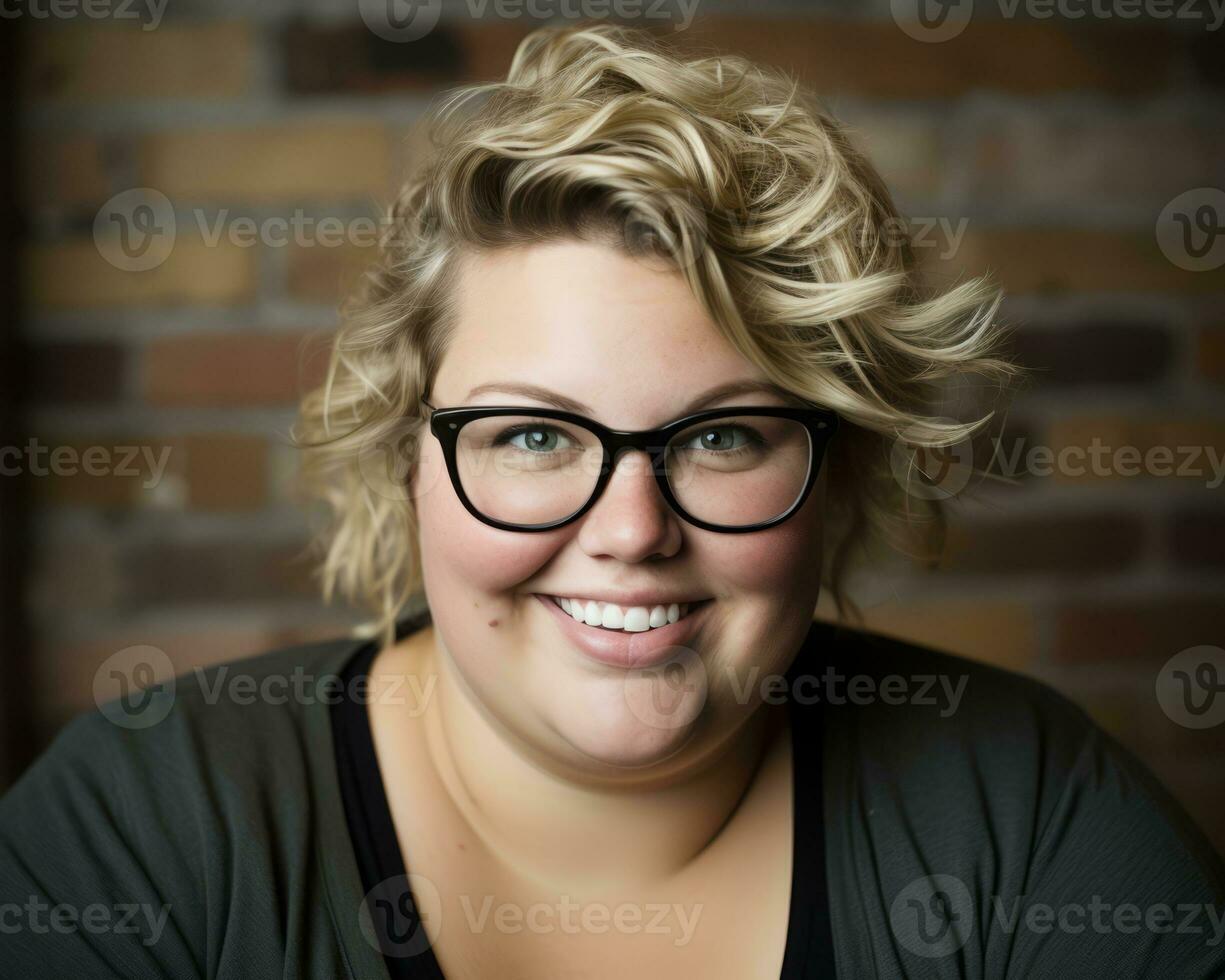 a woman wearing glasses and a black shirt smiling at the camera generative ai photo
