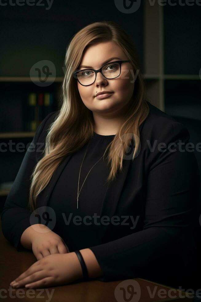 a woman wearing glasses and a black suit sitting at a desk generative ai photo