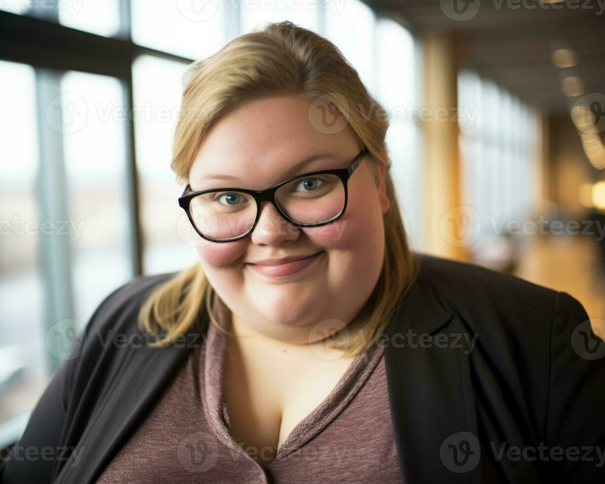 a woman wearing glasses and a blazer smiles for the camera generative ai photo